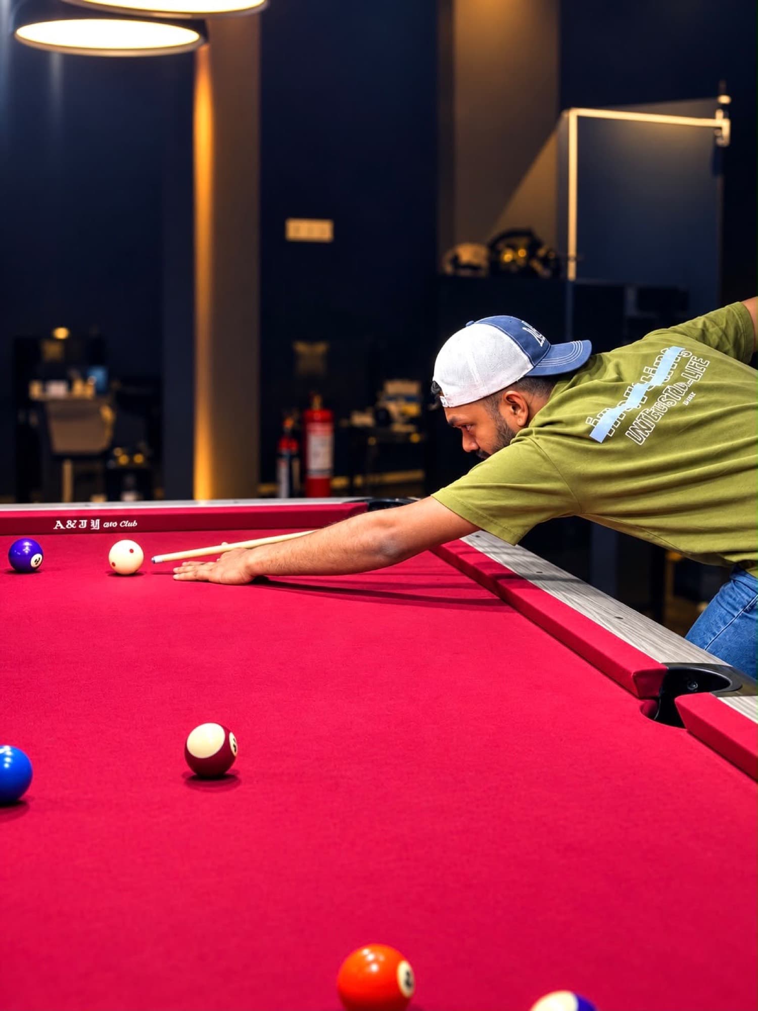 The room at play, cues in hand around the table